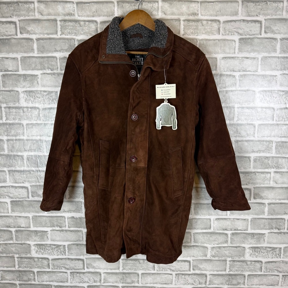 The Jacket Maker Mens Brown Suede Leather Coat Faux Shearling Lined Jacket NWT